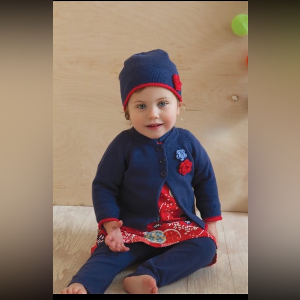 Angel Dear Navy and Red Baby Cardigan with Floral Accents